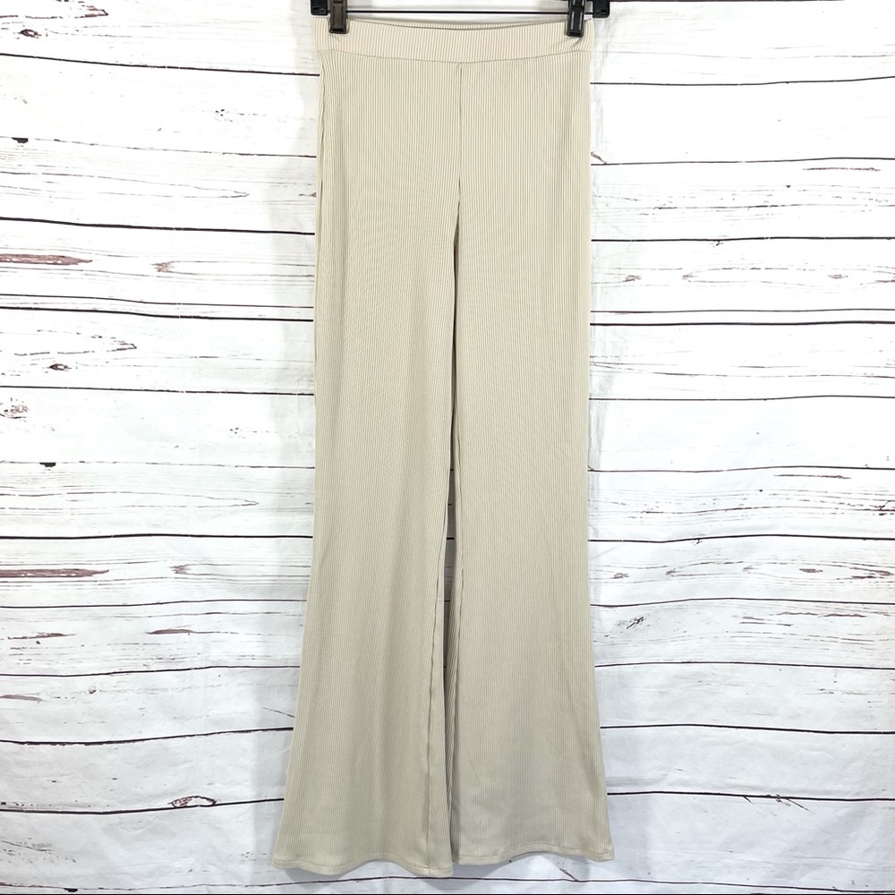 Zara Women’s Ribbed Wide Leg Pants Elastic Waist Band Stretch Beige Size M